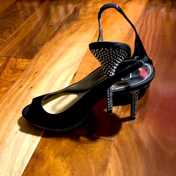 Black satin sling back. Open toe. Worn once! - Picture 1 of 9